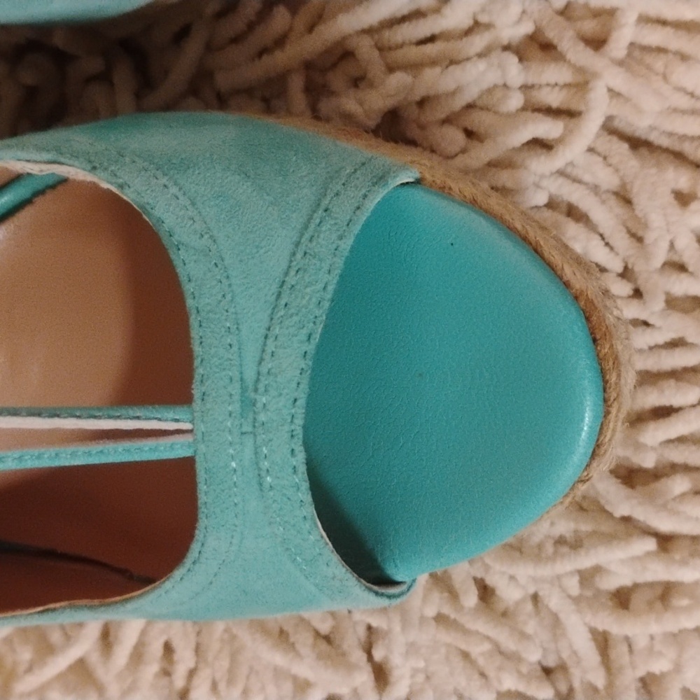 Trina Turk Turquoise Suede Leather Lace up Ankle Wrap Wedge Sandals - Picture 4 of 12